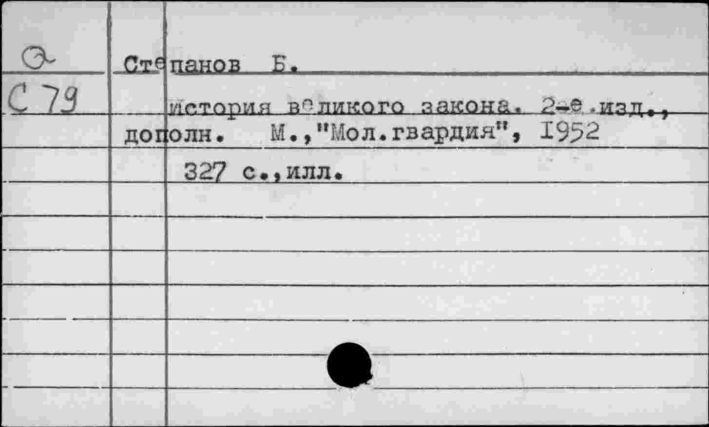 ﻿023	дог	паншз	Е.		 история великого закона, 2-е-изд.,	 олн. М.,"Мол.гвардия”, 1952
		32? с.,илл.
		
		
		
		
		
		
		